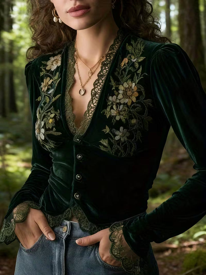 Nayelian – Langermet Blomsterbrodert Fløyelsskjorte