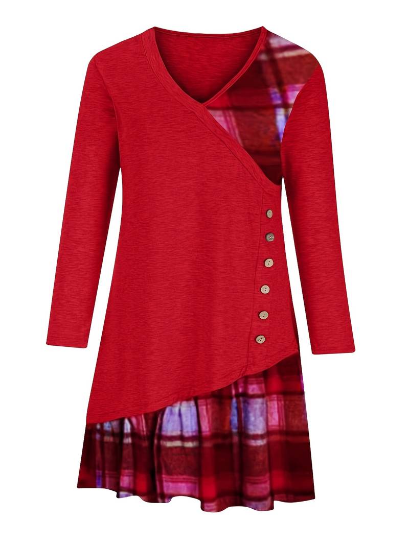 Alinor - Uformell Rutete Patchwork Kjole Med Lange Ermer