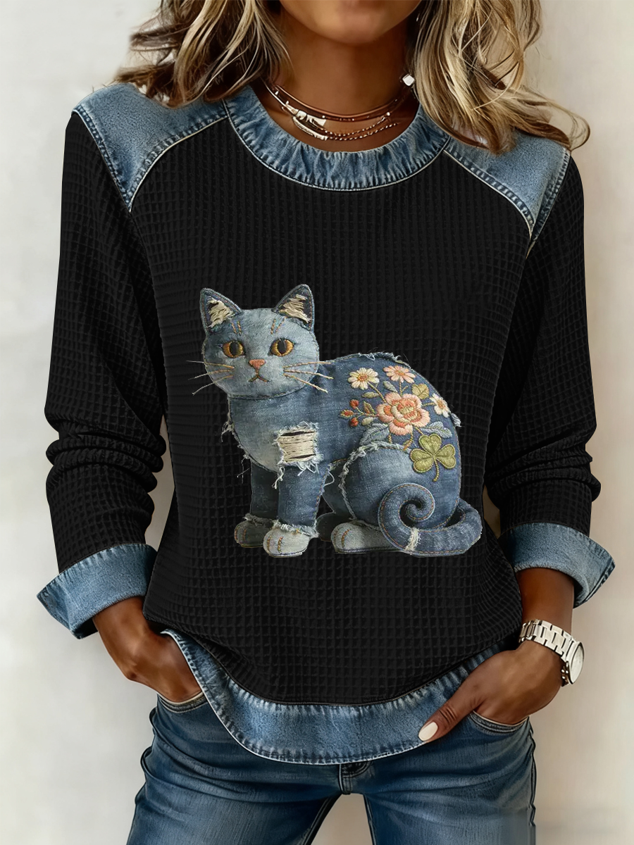 Karmela - Vintage Denim Patchwork Top Med Trykk
