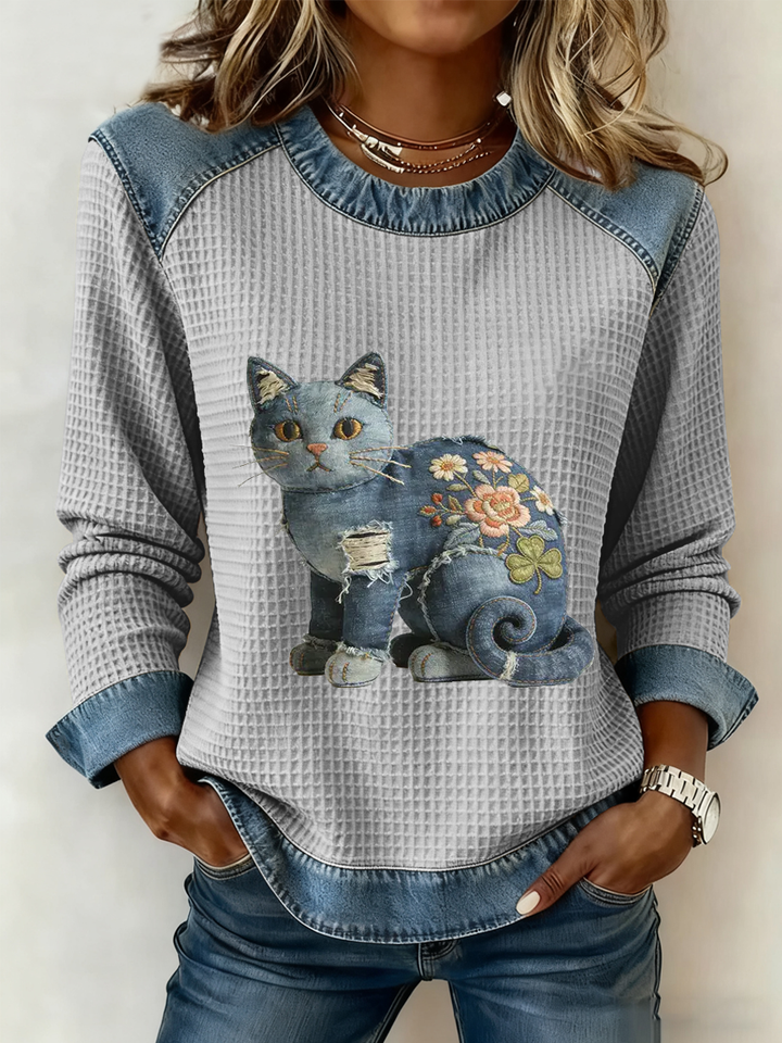 Karmela - Vintage Denim Patchwork Top Med Trykk