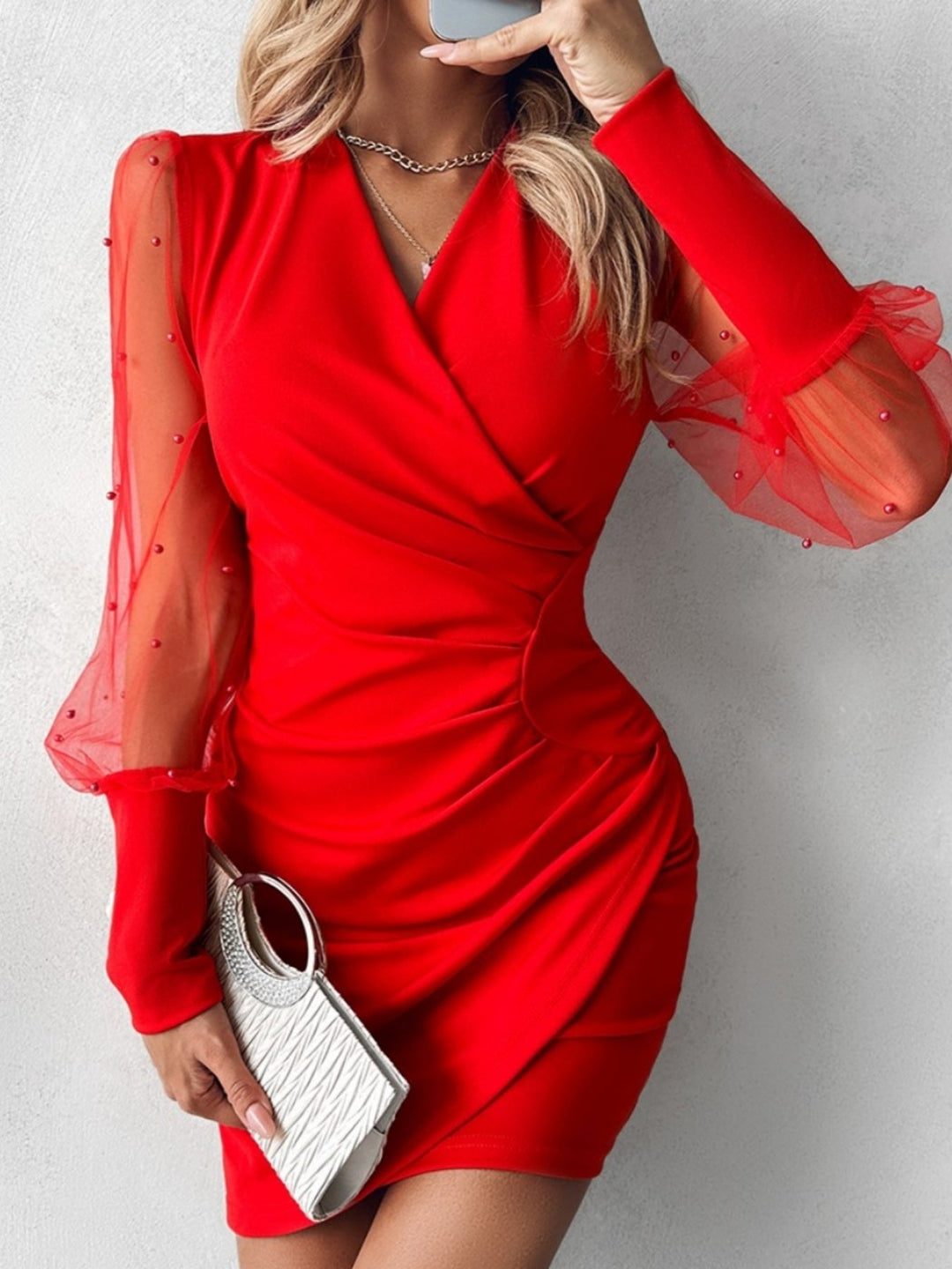 Yamato - Perlebrodert Plissert Kjole Med Tyllerm