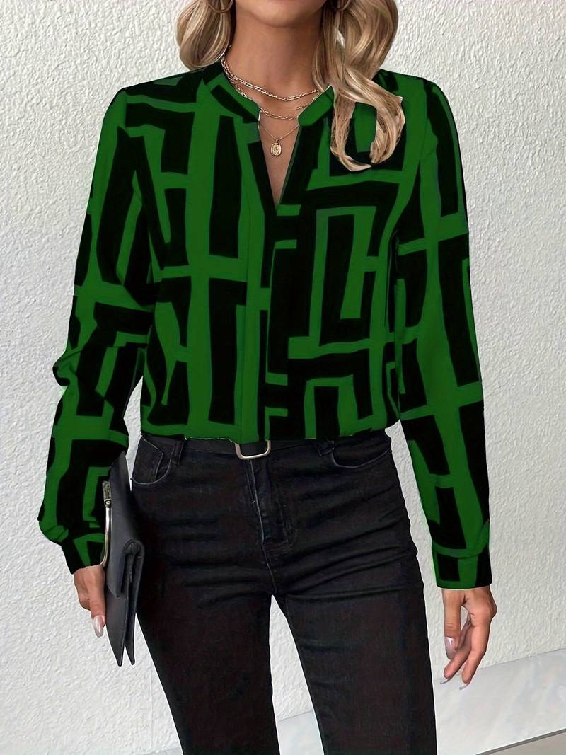Tzipora – Elegant Langermet Bluse Med Geometrisk Mønster