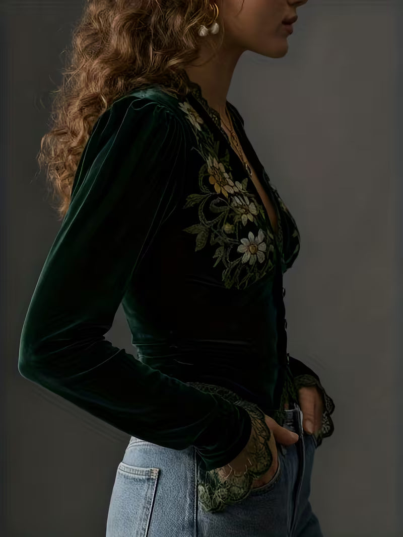 Nayelian – Langermet Blomsterbrodert Fløyelsskjorte