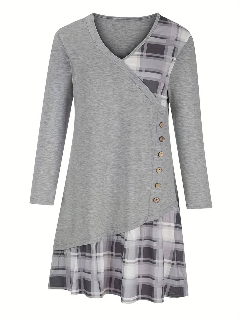 Alinor - Uformell Rutete Patchwork Kjole Med Lange Ermer