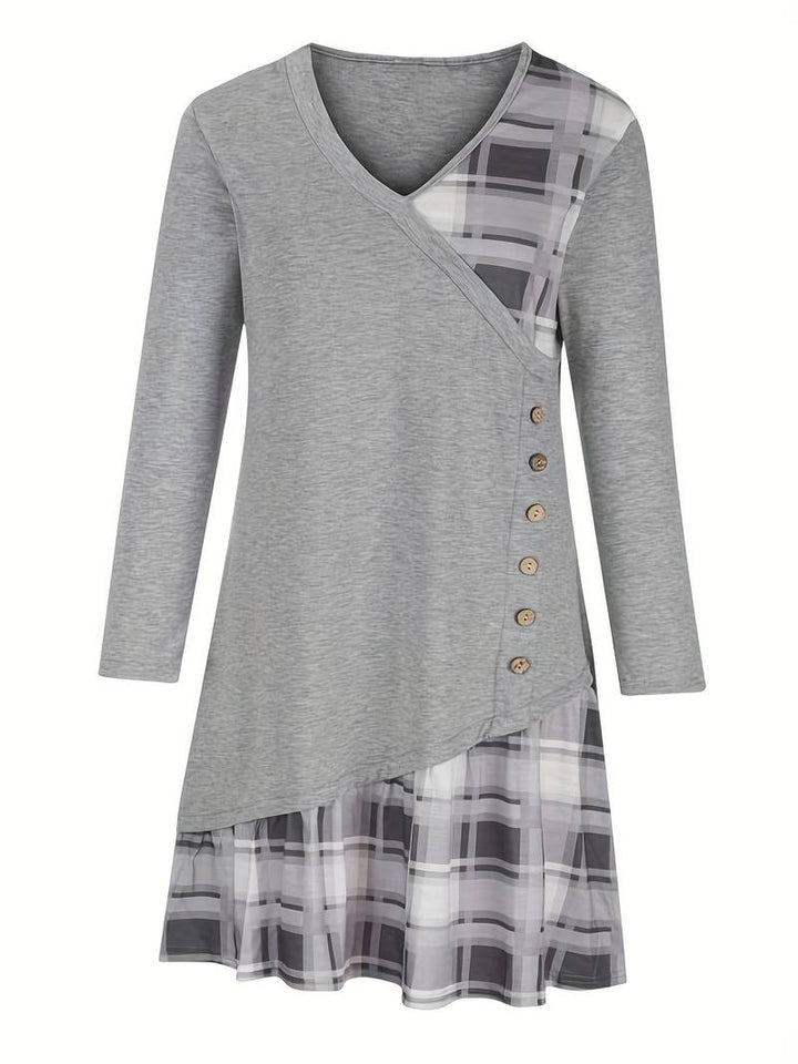 Alinor - Uformell Rutete Patchwork Kjole Med Lange Ermer