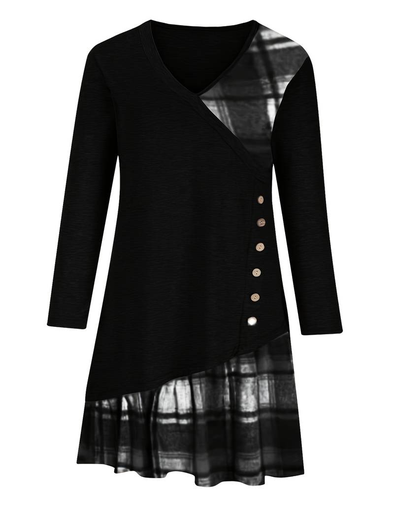 Alinor - Uformell Rutete Patchwork Kjole Med Lange Ermer