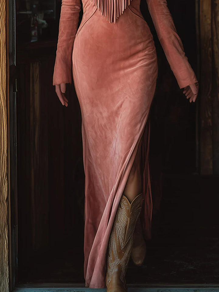 Nocturne – Lang Suede Kjole med Broderi med Frynser