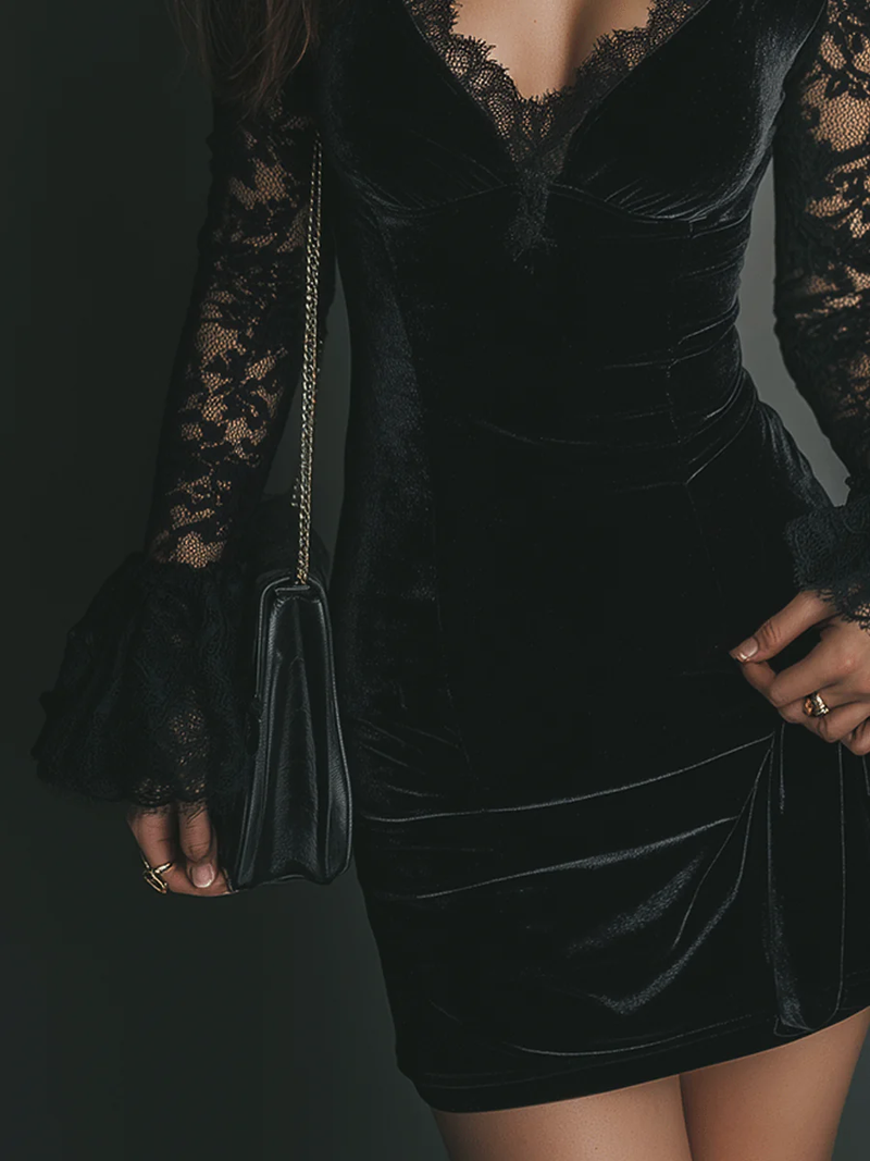 Fiziana - Mini Kjole i Fløyel og Blonder