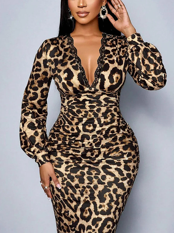 Ysobel - Leopard Print Lace Midi Dress with V-Neck