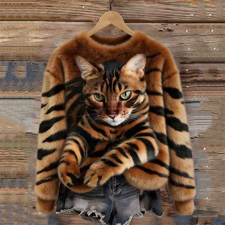 Jules - Tabby Katt Og Tiger Mønster Myk Plysj Genser