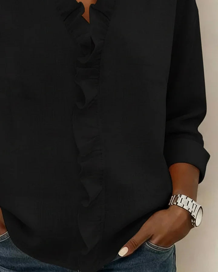 Aletta – Bluse Med Volanger, V-hals Og Lange Ermer