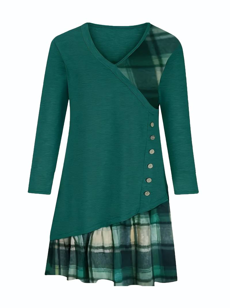 Alinor - Uformell Rutete Patchwork Kjole Med Lange Ermer